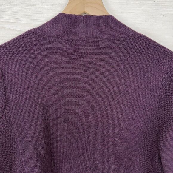 Eileen Fisher Cardigan Medium Purple Merino Wool Open Front Leather Trim Pockets - Picture 7 of 14